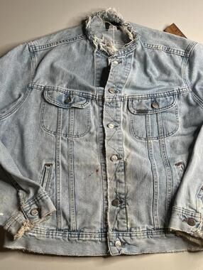 Vintage Lee Jacket Mens L Blue Denim Biker Band Collar Button Workwear Riveted